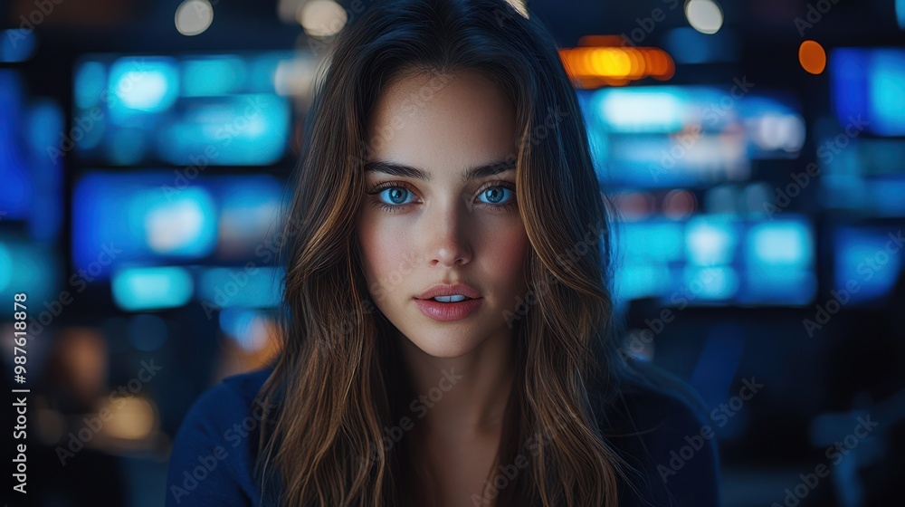 Beautiful Woman with Blue Eyes Looking at Camera in Front of Blue Lights Beautiful Woman with Blue Eyes Looking at Camera in Front of Blue Lights