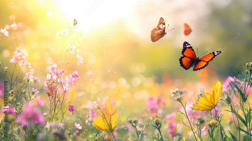 This image captures a picturesque scene of vibrant wildflowers in full bloom, with colorful butterflies dancing in the air, symbolizing the beauty of nature and new beginnings. This image captures a picturesque scene of vibrant wildflowers in full bloom, with colorful butterflies dancing in the air, symbolizing the beauty of nature and new beginnings.