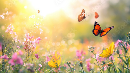 Wallpaper Mural This image captures a picturesque scene of vibrant wildflowers in full bloom, with colorful butterflies dancing in the air, symbolizing the beauty of nature and new beginnings. Torontodigital.ca