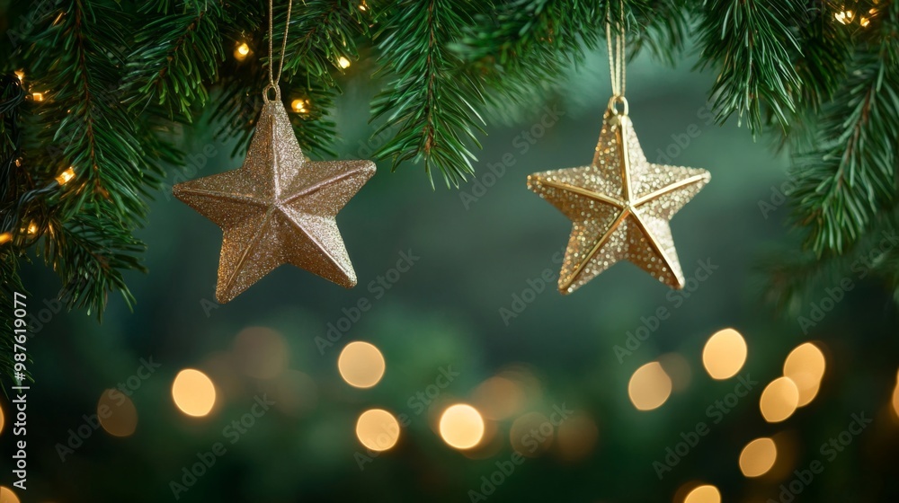 Stars String Hanging At Fir Branches In Abstract Defocused Background, with copy space Stars String Hanging At Fir Branches In Abstract Defocused Background, with copy space