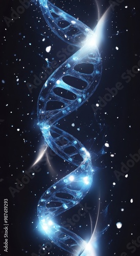 Abstract digital art of a blue DNA helix in a cosmic setting showcasing molecular structure and futuristic design