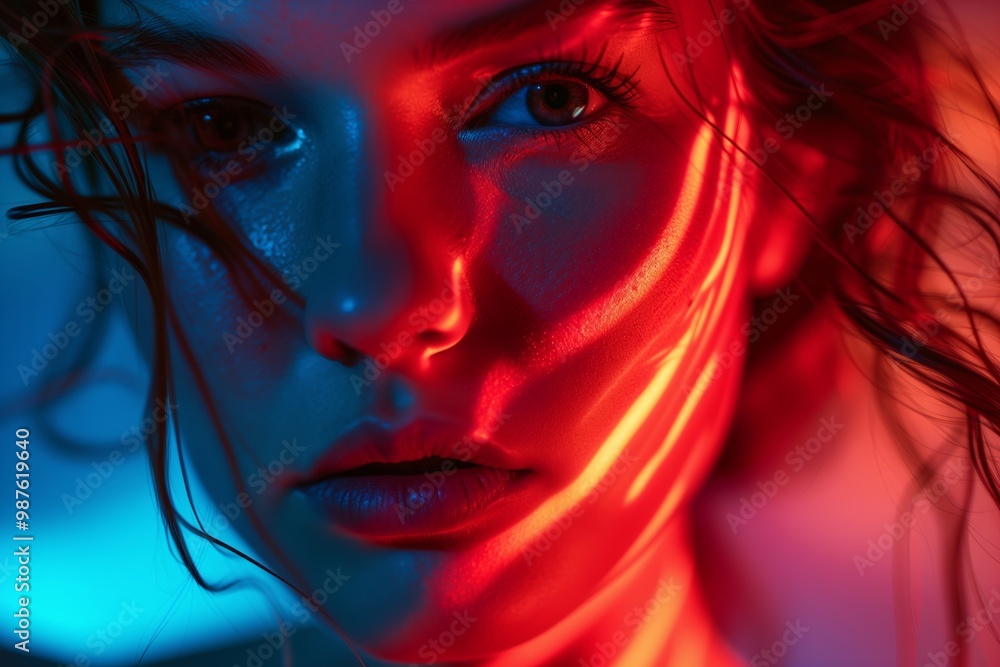 Closeup portrait of a young model. Red and blue tones. Dramatic look. Neon Vibes. Closeup portrait of a young model. Red and blue tones. Dramatic look. Neon Vibes.