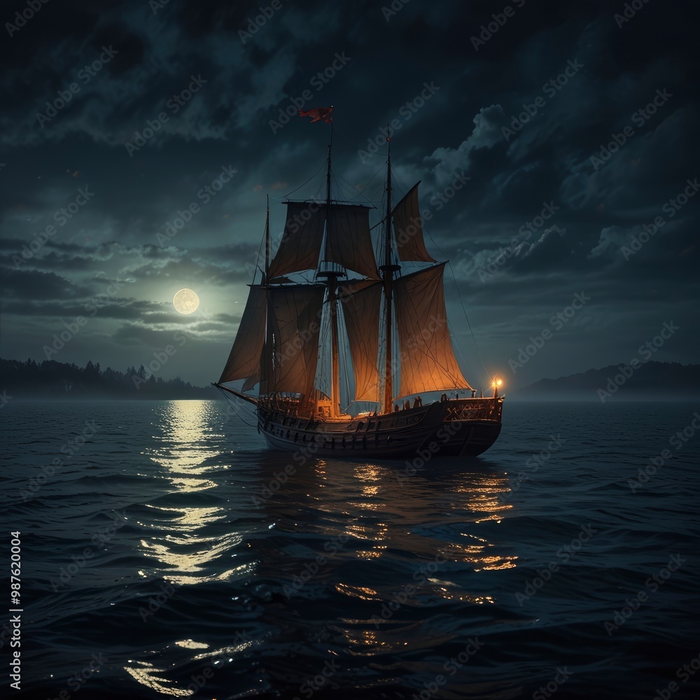 Obraz premium Foggy night at sea, medieval sailboat drifting under glowing moonlight, shrouded in an eerie mood