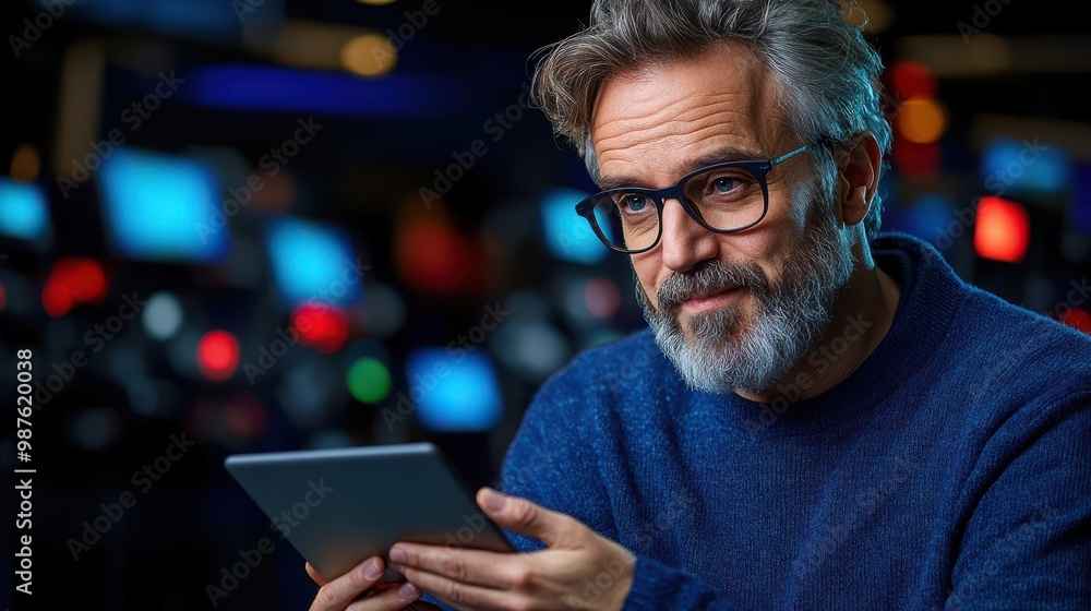 Mature Man with Gray Hair and Beard Using Digital Tablet Mature Man with Gray Hair and Beard Using Digital Tablet