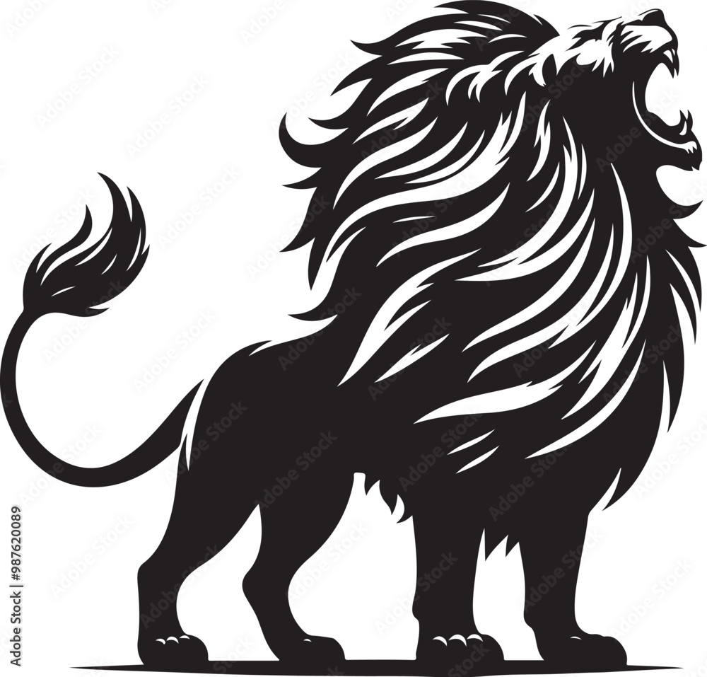 Stylized lion silhouette, roaring pose, black and white illustration Stylized lion silhouette, roaring pose, black and white illustration