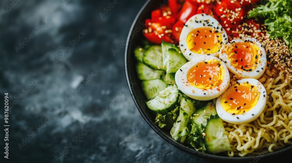 Artistic close-up of a beautifully presented bowl of ramen noodles topped with vibrant soft-boiled eggs, fresh vegetables, and a sprinkle of sesame seeds. Artistic close-up of a beautifully presented bowl of ramen noodles topped with vibrant soft-boiled eggs, fresh vegetables, and a sprinkle of sesame seeds.