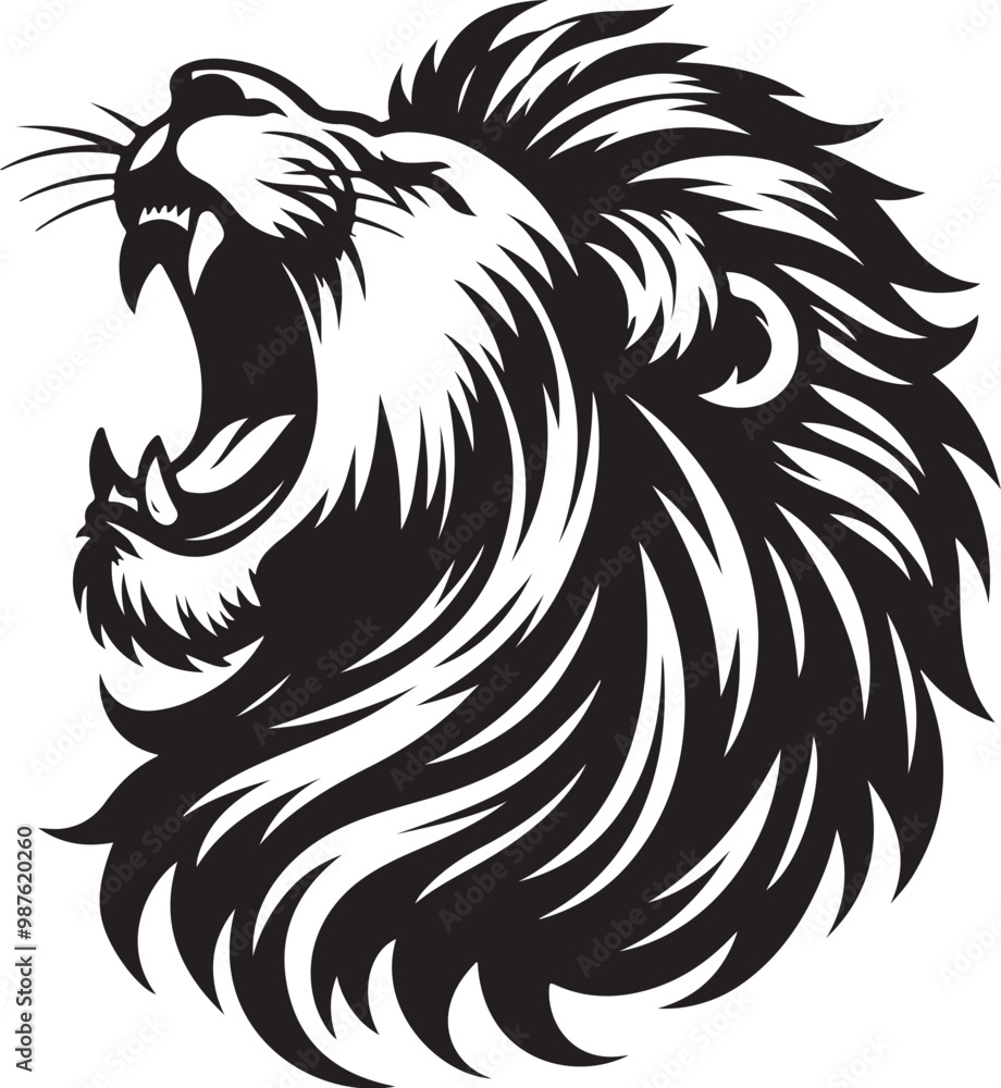 Stylized lion silhouette, roaring pose, black and white illustration Stylized lion silhouette, roaring pose, black and white illustration