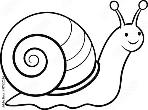 A cute and happy animal of Snail outline vector art illustration with black and white design without no background, snail line art icon ready for printable, snail pencil design.
