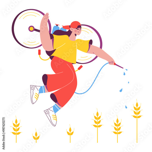 Woman with jet pack watering plants