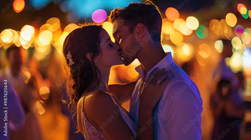 During a special event, a young couple shares a loving kiss during a celebration. During a special event, a young couple shares a loving kiss during a celebration.