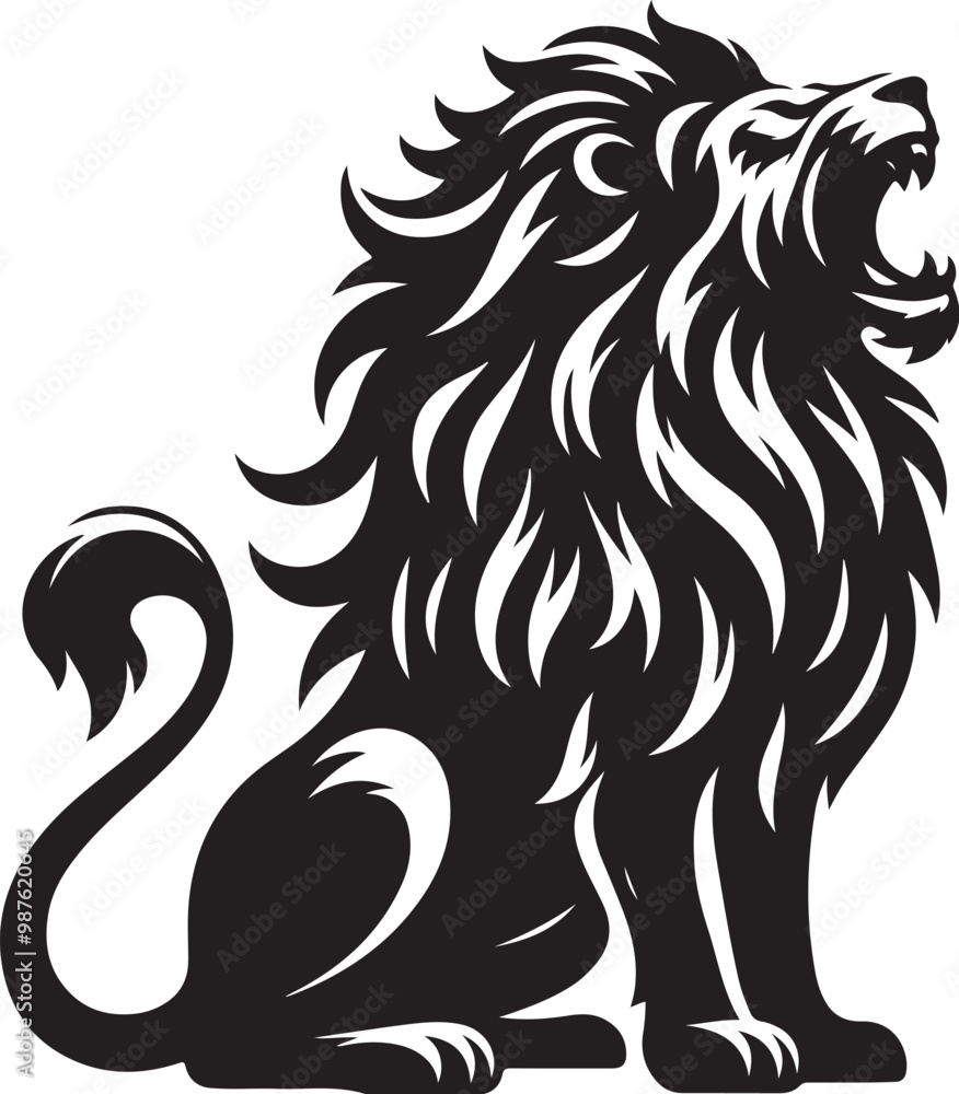 Fototapeta premium Stylized lion silhouette, roaring pose, black and white illustration