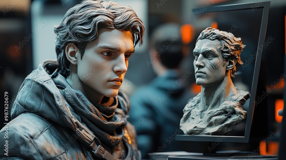 3D artist sculpting a character design in a digital workspace, with attention to detail 3D artist sculpting a character design in a digital workspace, with attention to detail