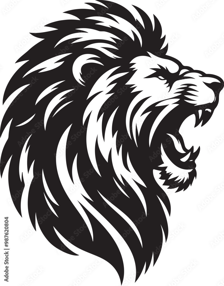 Fototapeta premium Stylized lion silhouette, roaring pose, black and white illustration