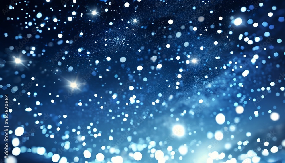 A deep midnight blue background with large, shining silver stars and glowing white lights spread across the sky, creating a serene Christmas night scene. Made with generative AI technology