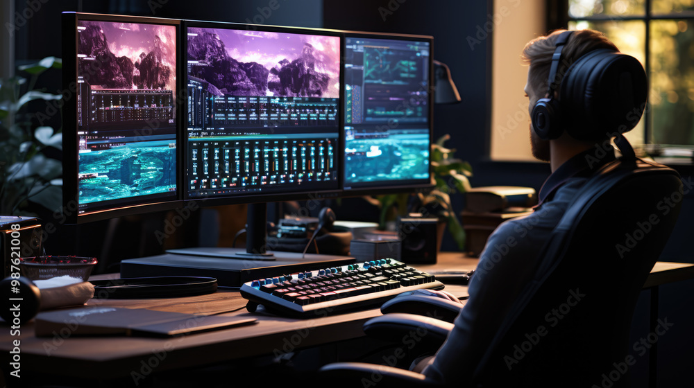generated illustration of Man wearing headphones edits video and music on a computer in a studio generated illustration of Man wearing headphones edits video and music on a computer in a studio