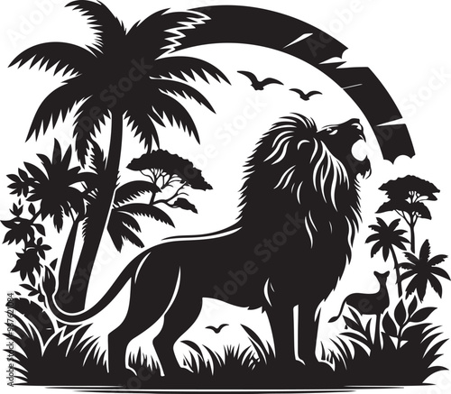 Stylized lion silhouette, roaring pose, black and white illustration