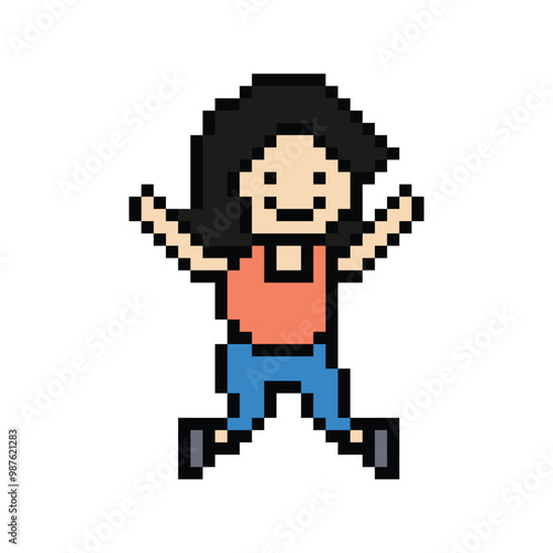 Cute pixel cartoon cheer character woman exercises training dance lifestyle music decoration life style 8 bit female girl dance with music happy fitness isolated PNG vector.