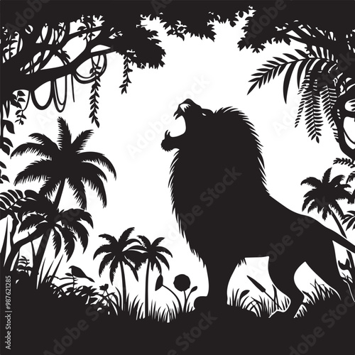 Stylized lion silhouette, roaring pose, black and white illustration