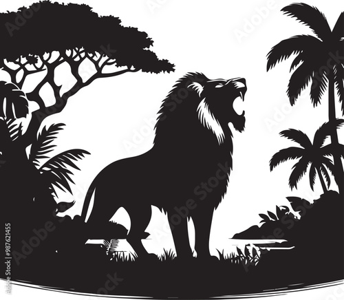 Stylized lion silhouette, roaring pose, black and white illustration