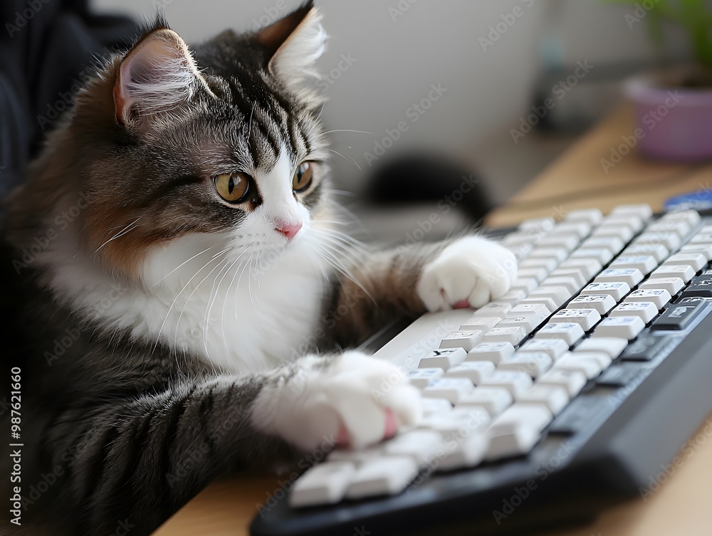 Tabby Cat Typing on Keyboard at Desk in Office Setting Tabby Cat Typing on Keyboard at Desk in Office Setting
