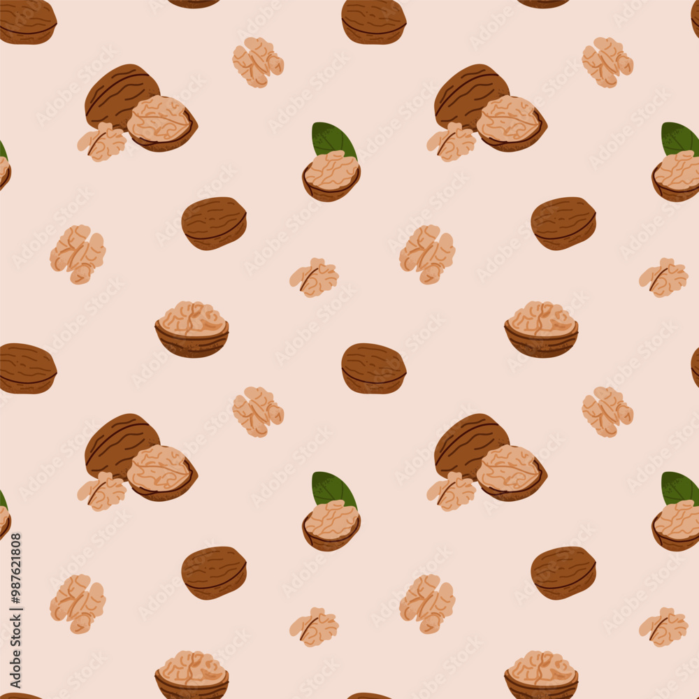 Cartoon walnut seamless pattern. Nuts in shell and peeled pieces. Healthy food. Diet snack. Decor textile, wrapping, wallpaper design. Print for fabric. Natural plant design vector illustration Cartoon walnut seamless pattern. Nuts in shell and peeled pieces. Healthy food. Diet snack. Decor textile, wrapping, wallpaper design. Print for fabric. Natural plant design vector illustration