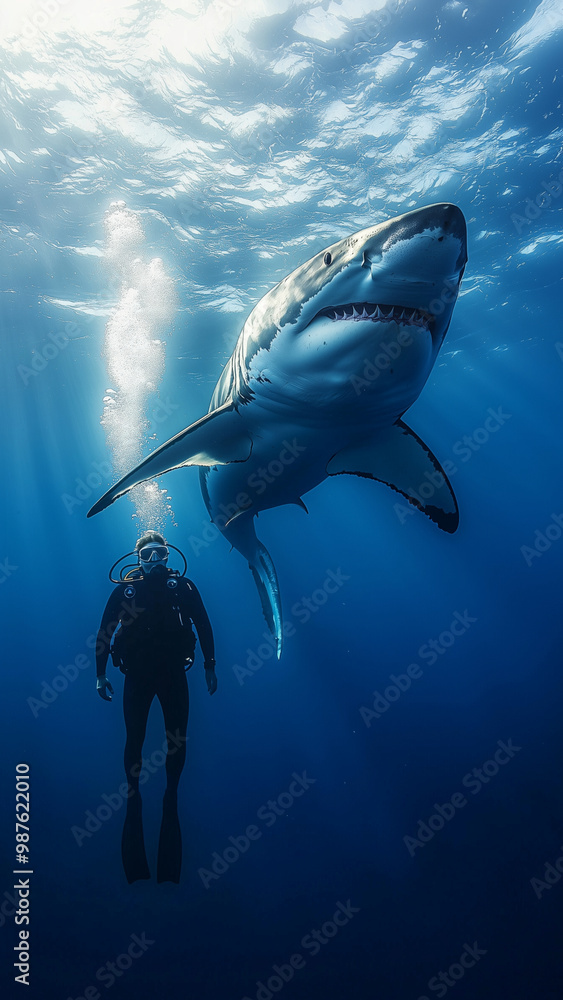 Obraz premium A diver with a shark - Phone Wallpaper, shark, diver, underwater, ocean, sea, marine life, aquatic, blue, scuba diving, water, predator, swimming, adventure