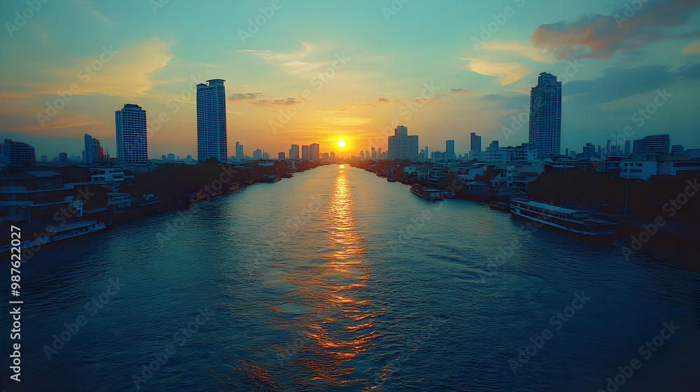 Naklejka premium Sunset Over City Skyline with River in the Foreground - Digital Painting