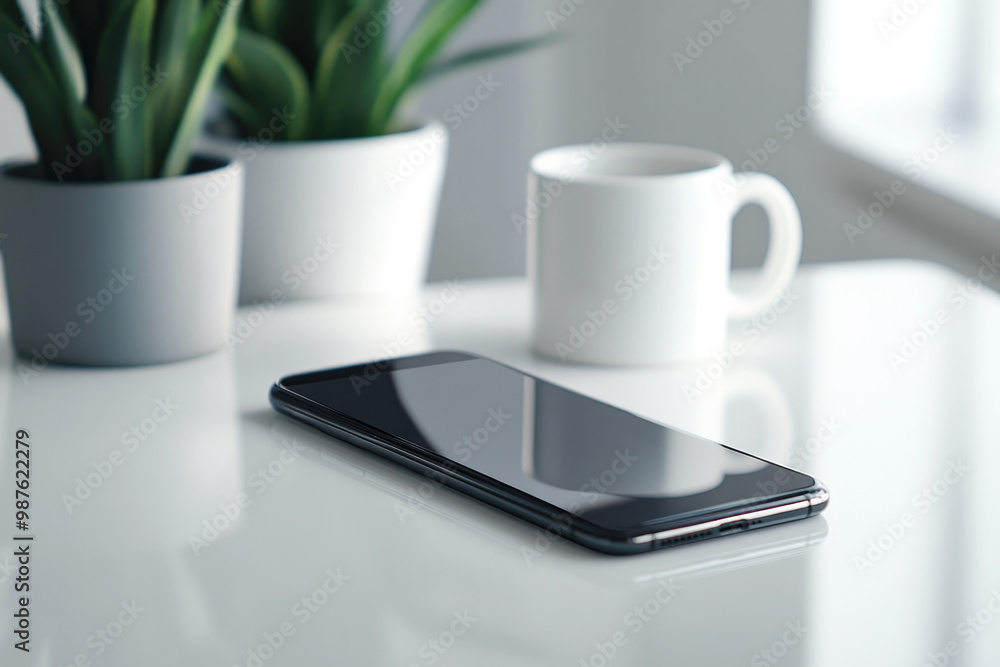 Black smartphone laying on a white table with a white mug and plants in the background, symbolizing a clean and minimalist tech setup. Black smartphone laying on a white table with a white mug and plants in the background, symbolizing a clean and minimalist tech setup.