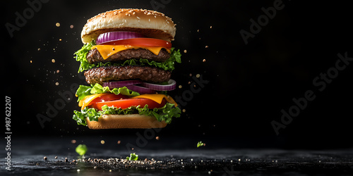 A delicious stacked burger with vibrant ingredients, floating against a dark background, showcasing its layers of lettuce, tomato, cheese, and onions. photo