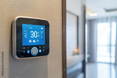 A digital thermostat with a blue screen mounted on a textured wall, showing a temperature of 30 degrees Celsius, in a modern room with blurred background elements. photo