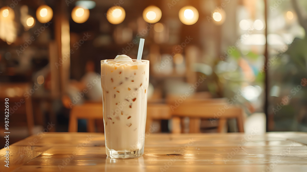 Iced Coffee in a Glass with Ice Cubes on a Table in a Cafe Iced Coffee in a Glass with Ice Cubes on a Table in a Cafe