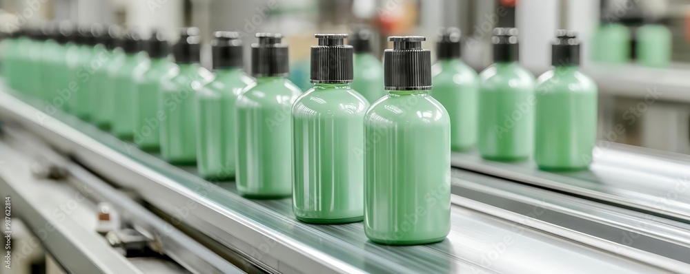 Green shampoo bottles lined up on a high-speed conveyor in an industrial facility, automated cosmetic production in action Green shampoo bottles lined up on a high-speed conveyor in an industrial facility, automated cosmetic production in action