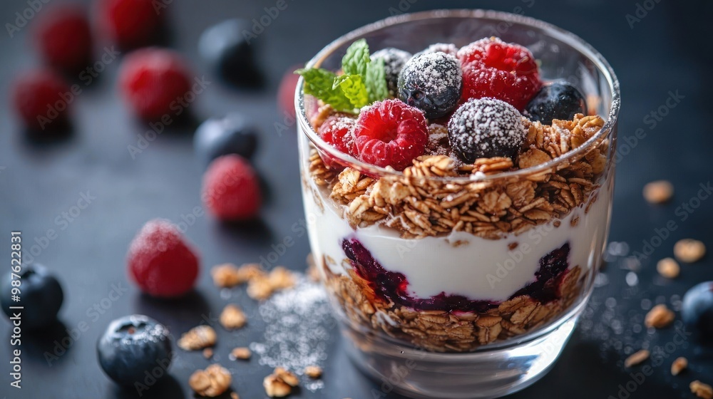 Fruit yogurt with a topping of granola and berries, offering a delicious and nutritious option. Fruit yogurt with a topping of granola and berries, offering a delicious and nutritious option.