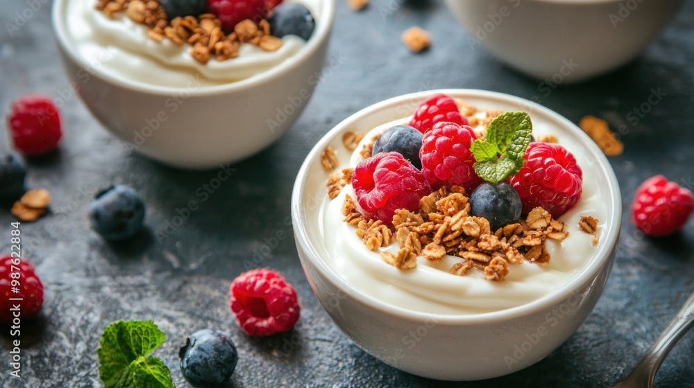 Fruit yogurt with a topping of granola and berries, offering a delicious and nutritious option. Fruit yogurt with a topping of granola and berries, offering a delicious and nutritious option.