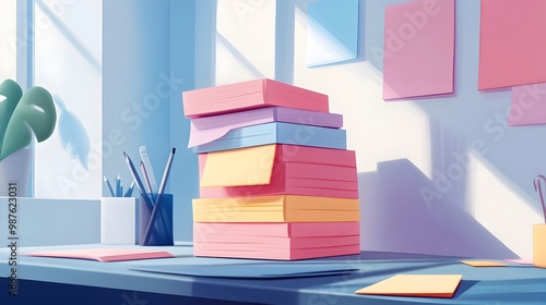 Neatly Stacked Colorful Sticky Notes on Minimalist Desk with Technical Effects