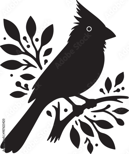 A beautiful bird animal of Cardinal silhouette vector art pure black color graphics illustration design with no background design, Cardinal bird icon design for printable seting on a tree and looking  photo