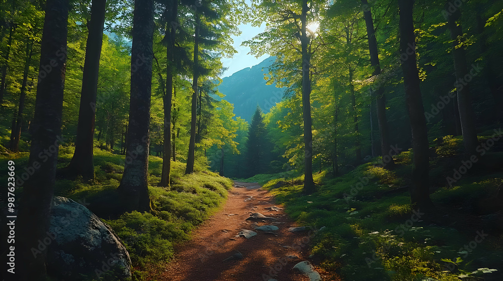 Fototapeta premium Sunlit Forest Path, Lush Greenery, Natural Trail, Woodland Scenery, Tranquil Background
