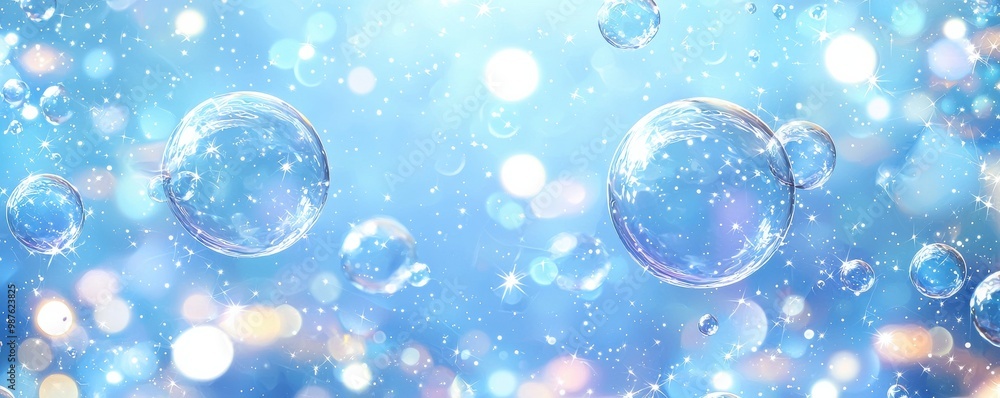 Light blue bubble background with shiny and sparkling effects creating a whimsical and dreamy atmosphere Light blue bubble background with shiny and sparkling effects creating a whimsical and dreamy atmosphere