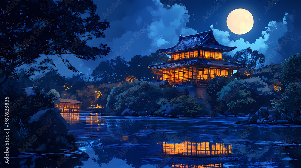 Obraz premium Japanese temple in moonlight and blue water reflection. Samurai Castle. Illustration