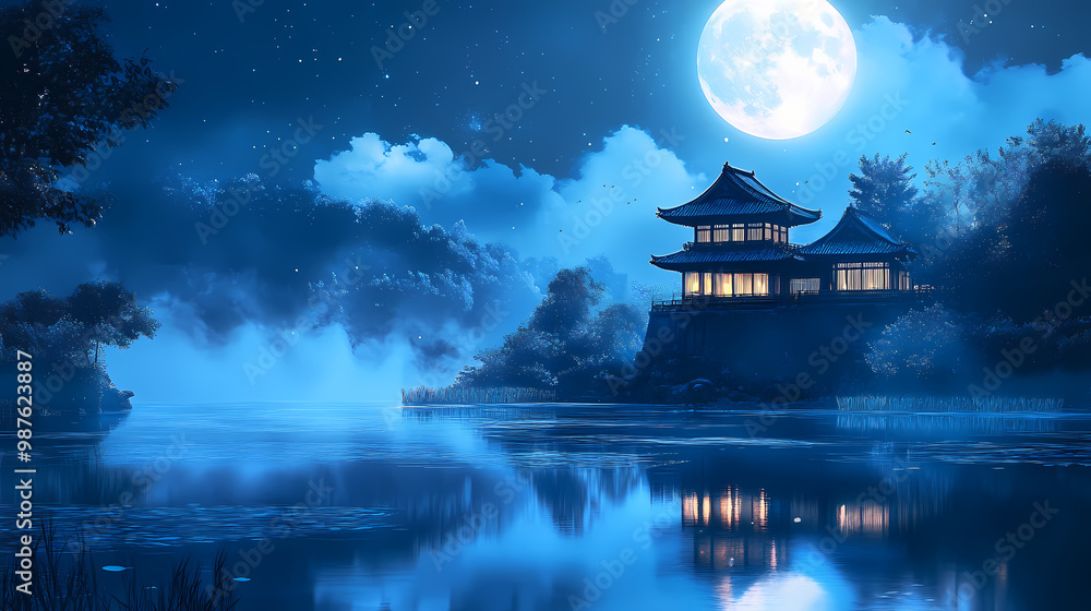 Obraz premium Japanese temple in moonlight and blue water reflection. Samurai Castle. Illustration