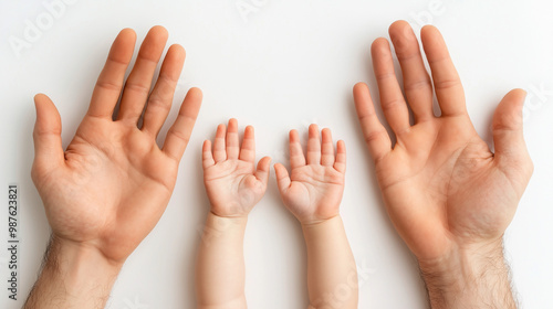 Dad and child hands lying palms up next to each other on a white background.