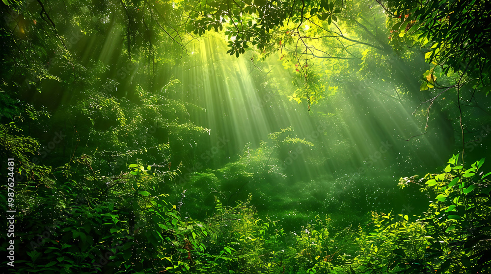 Obraz premium Sunbeams Through Lush Forest Canopy Nature Photography
