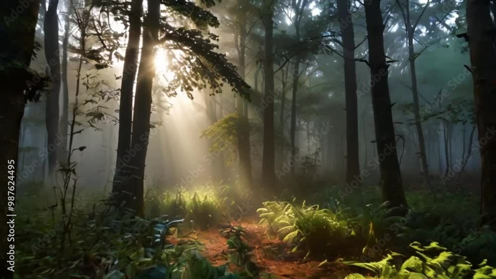 A misty morning in the forest, with sunlight breaking through the fog and dew-covered leaves. A misty morning in the forest, with sunlight breaking through the fog and dew-covered leaves.