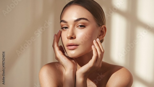 A stunning woman with flawless skin, her facial features glowing softly in natural light, embodying timeless beauty