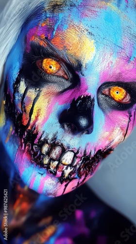 A vivid face painting design featuring bright colors, exaggerated skeletal features, and glowing orange eyes, creating a striking and artistic skull-like appearance.