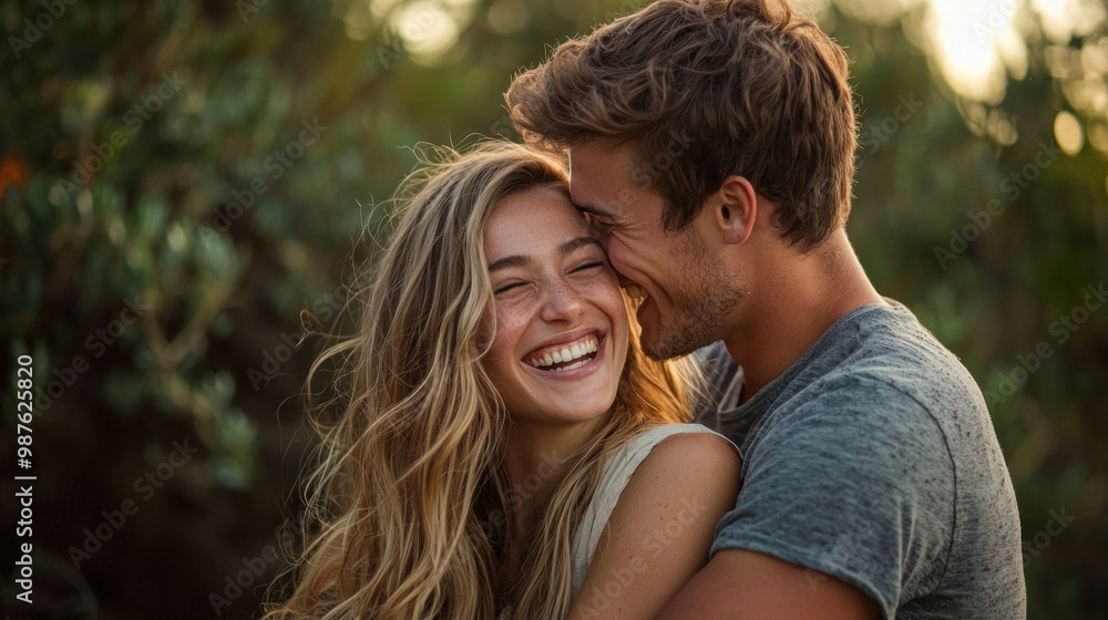 Hugging and laughing together, a young couple enjoys a joyful and loving interaction. Hugging and laughing together, a young couple enjoys a joyful and loving interaction.