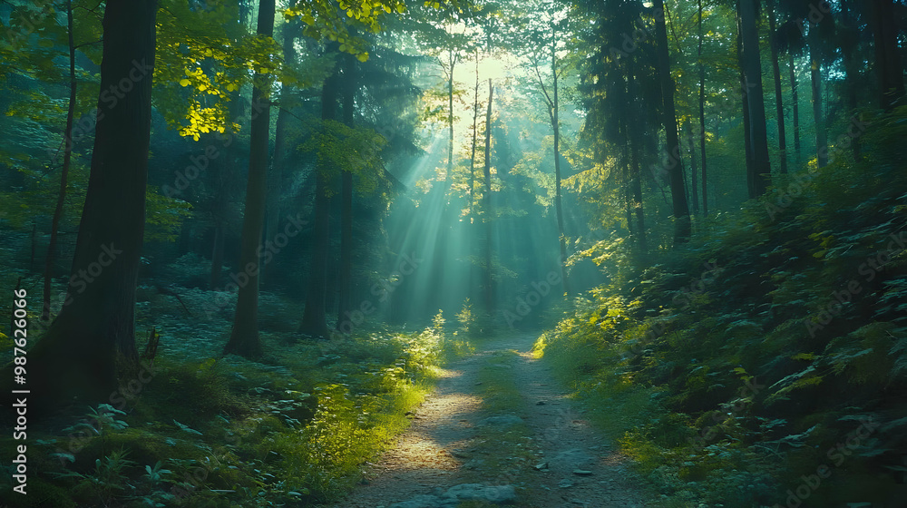 Obraz premium Forest Path with Sunlight Rays Illustration