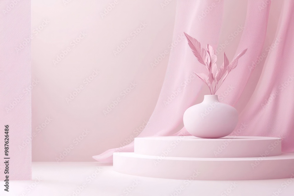A minimalist scene featuring a soft pink vase on circular platforms, draped in textured pink fabric, evoking a calm and serene atmosphere. A minimalist scene featuring a soft pink vase on circular platforms, draped in textured pink fabric, evoking a calm and serene atmosphere.