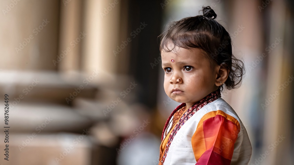 A thoughtful portrait of an Indian child, their deep gaze and colorful attire representing the rich cultural heritage of their homeland A thoughtful portrait of an Indian child, their deep gaze and colorful attire representing the rich cultural heritage of their homeland
