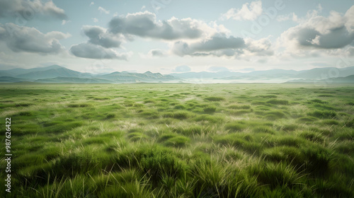 Serene Grass Field with Distant Mountains and Blue Sky